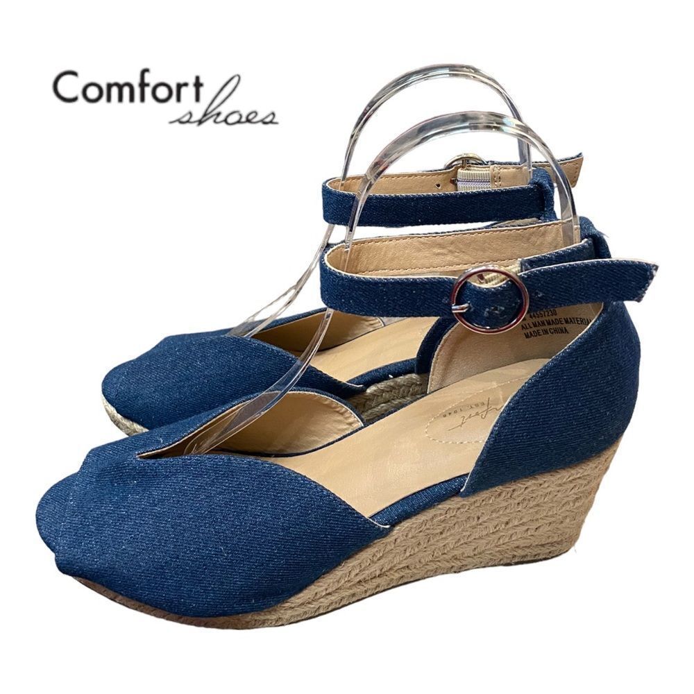 C Comfort Women's Peep Toe Denim Espadrille Wedge Sandals 8